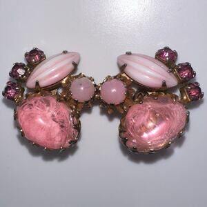 1950s 1960s vintage high end gold tone pink glass lucite beaded clip on earrings